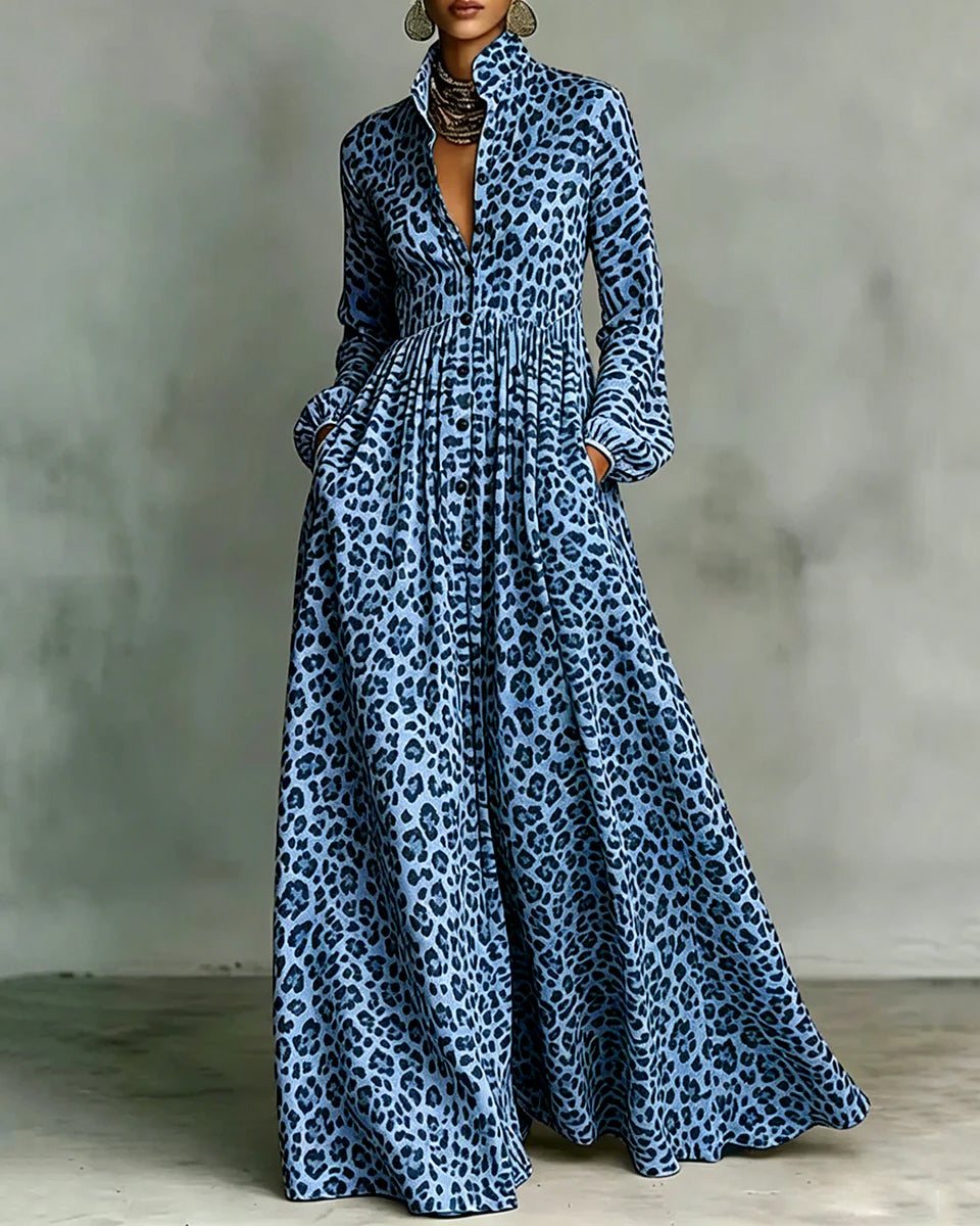 Long Sleeves Buttoned Contrast Color Leopard Pleated Pockets Lapel Maxi Dresses
