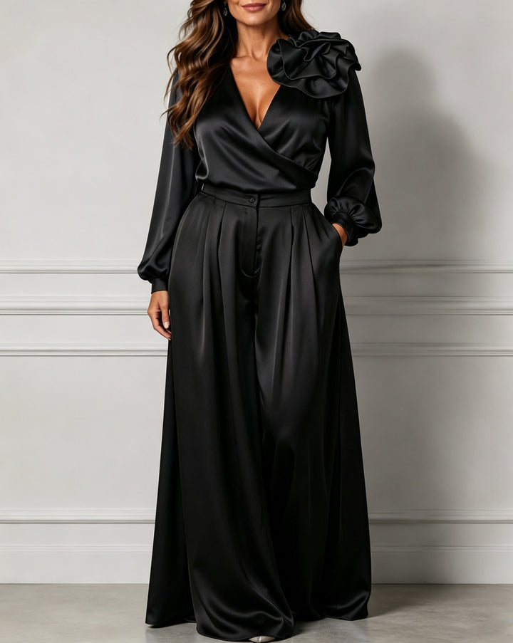V-neck Satin Long-sleeved Top with Three-dimensional Floral Design and Wide-leg Pants Set