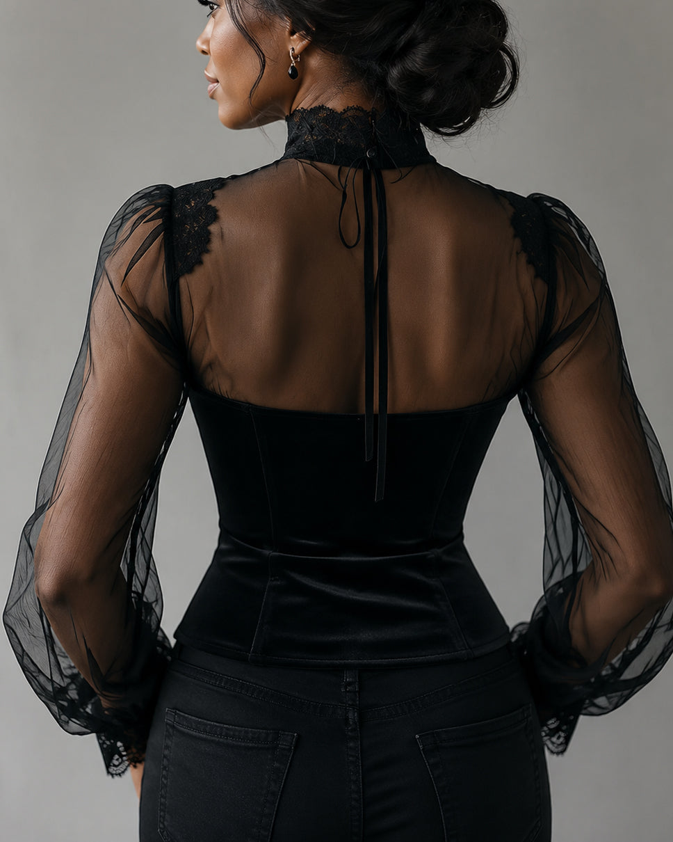 Mesh Lace Spliced Flared Sleeve Waist-Cinched Top