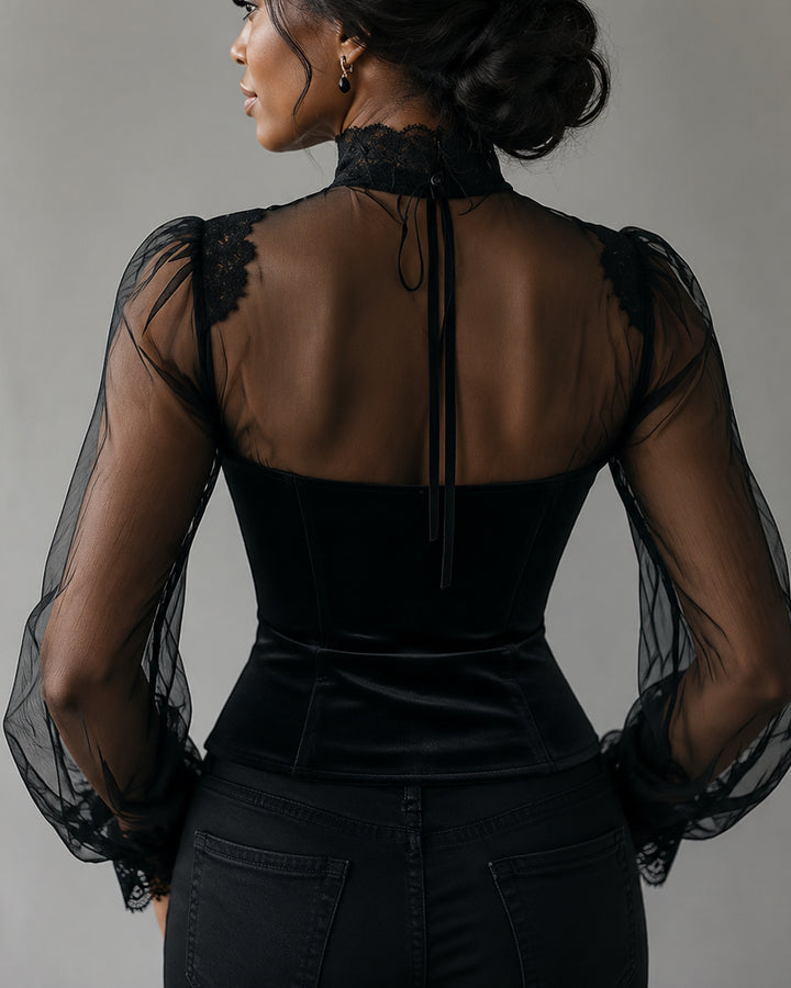 Mesh Lace Spliced Flared Sleeve Waist-Cinched Top
