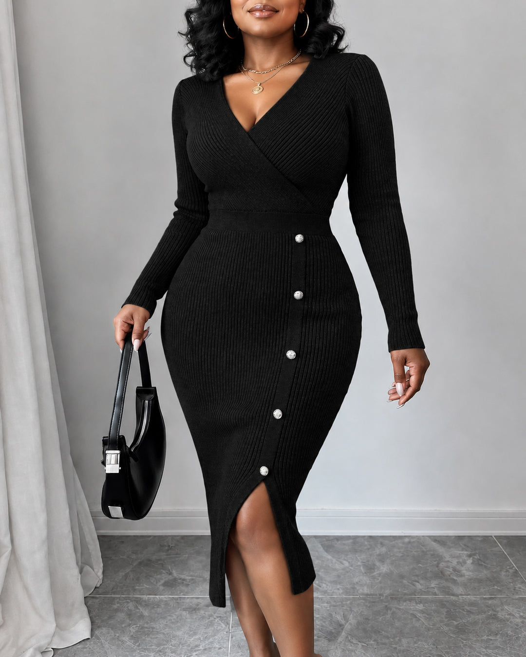 Women Wrap V Neck Ribbed Knit Midi Dress