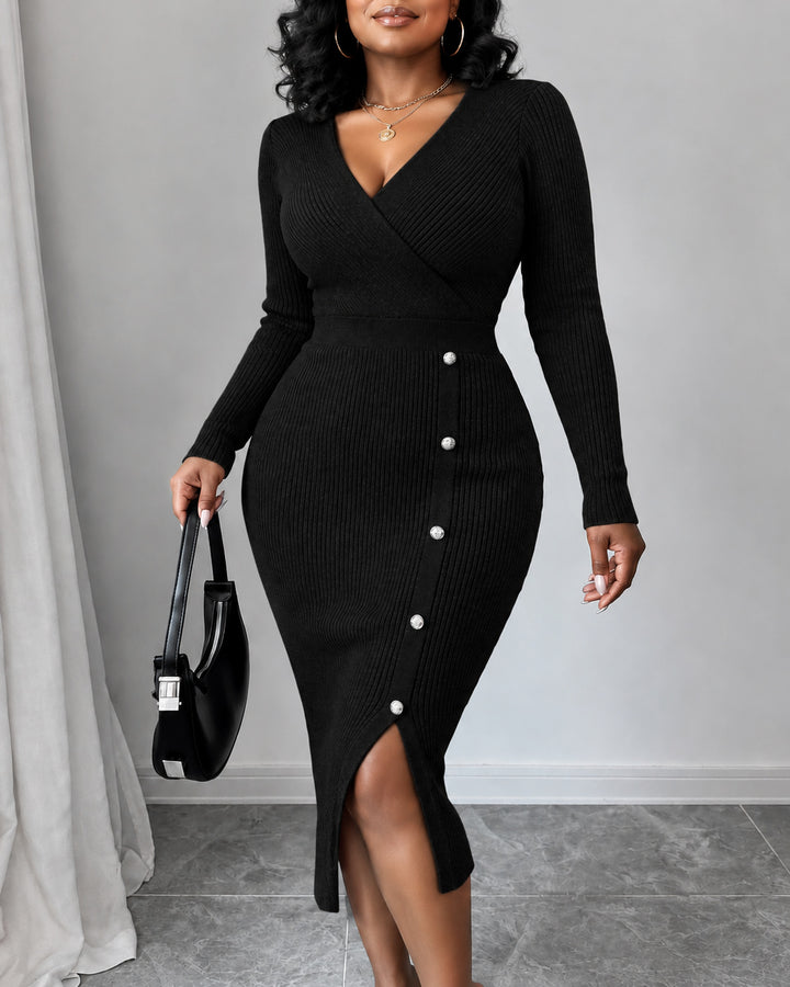 Women Wrap V Neck Ribbed Knit Midi Dress