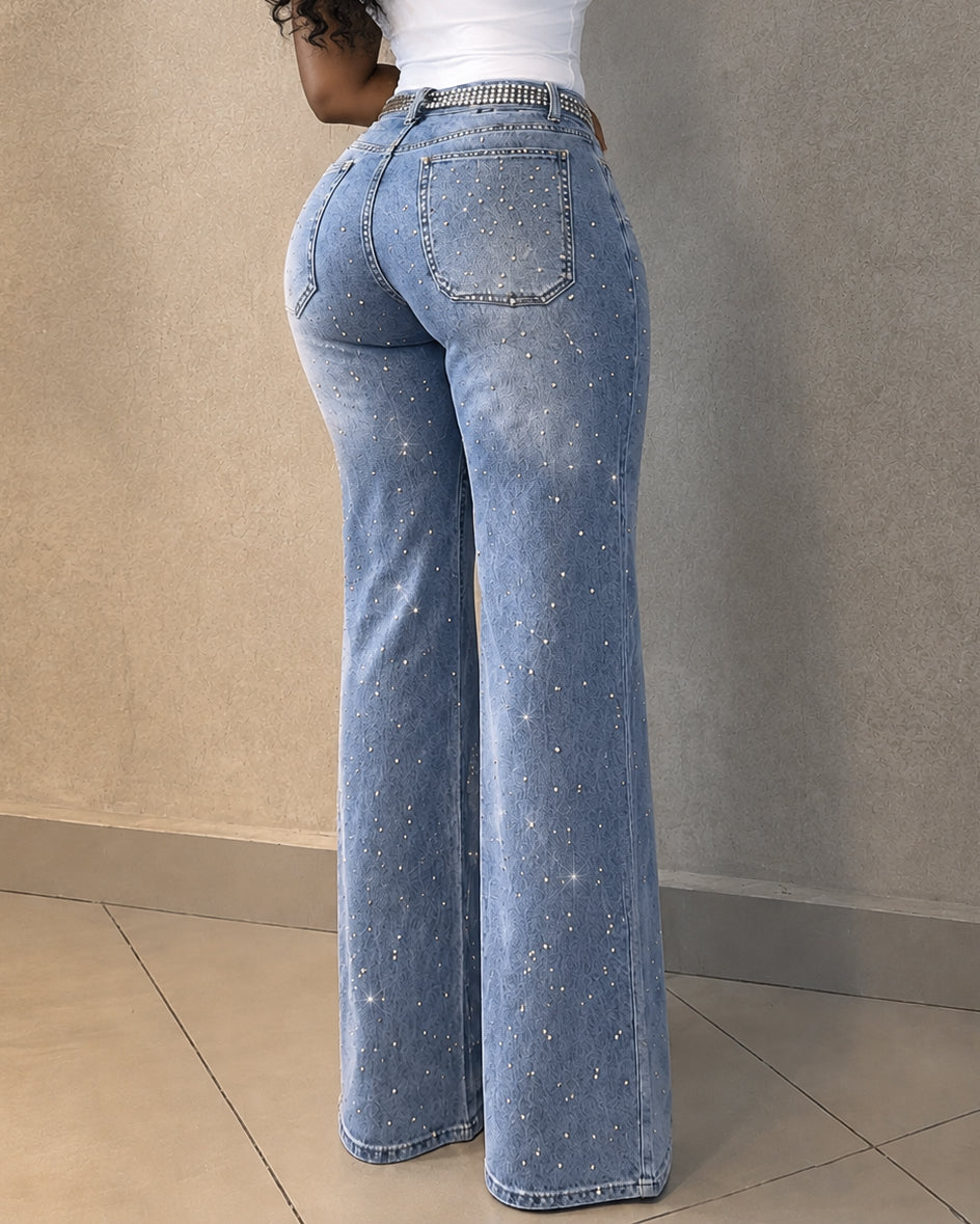 Women's Allover Rhinestone Decor High-Waist Zipper-Fly Wide-Leg Loose-Fit Denim Jeans