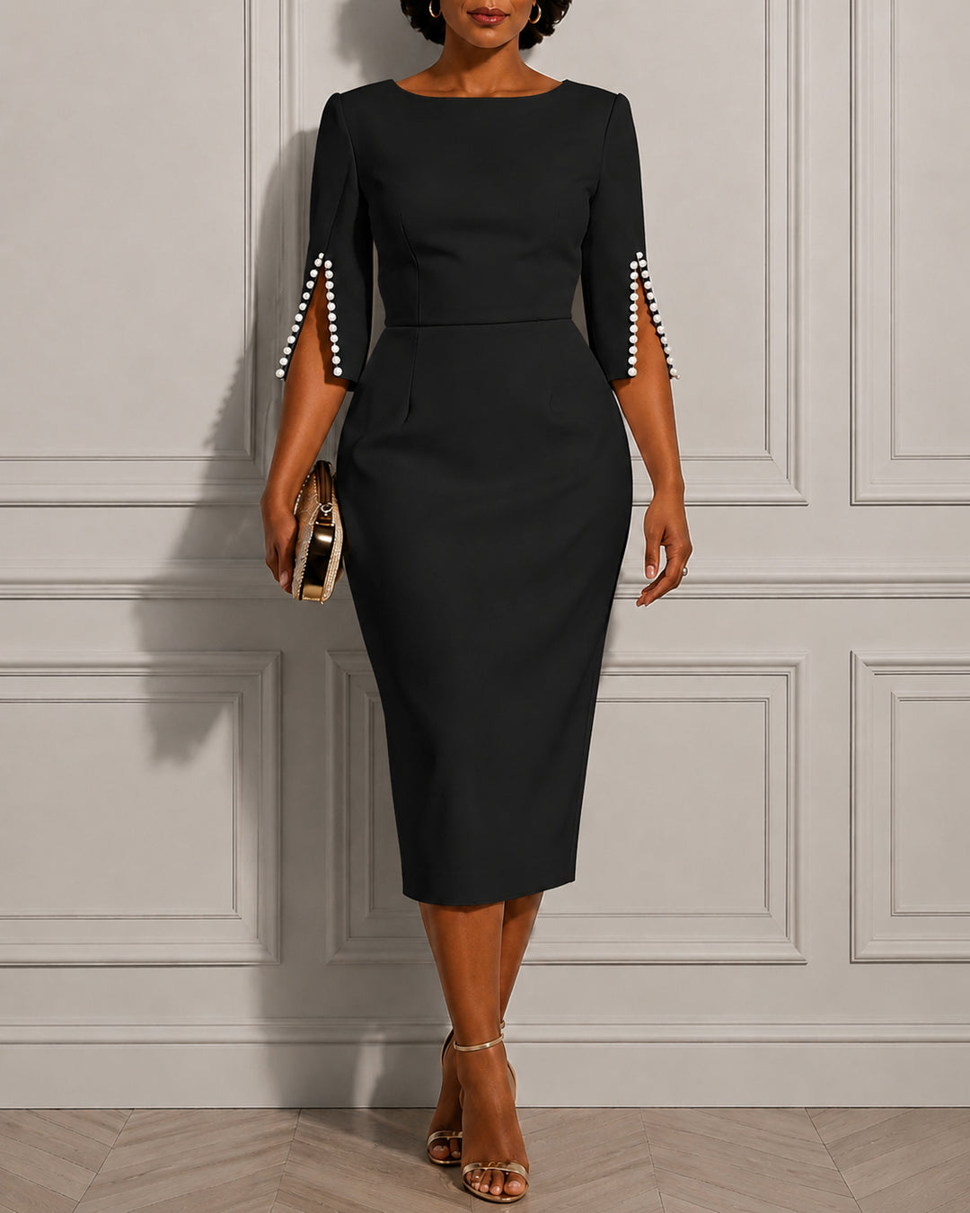 Women's Round Neck Pearl Sleeve Bodycon Dress