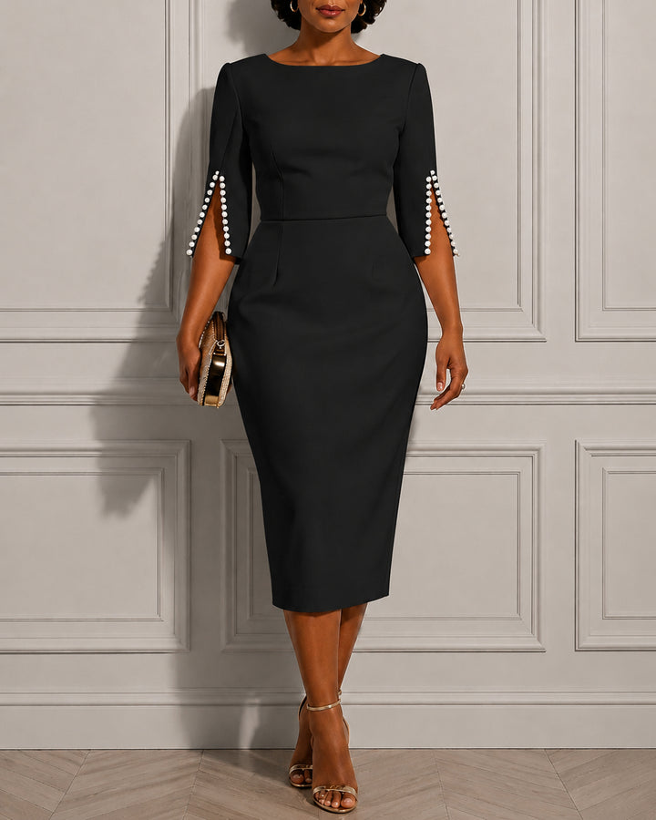 Women's Round Neck Pearl Sleeve Bodycon Dress