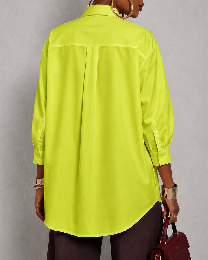 Elegant Pink Large Flowers Loose Three-Quarter Sleeves Buttoned Lapel Blouses&Shirts