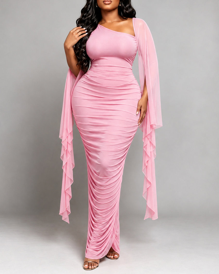 Women's One Shoulder Ruched Mermaid Maxi Dress