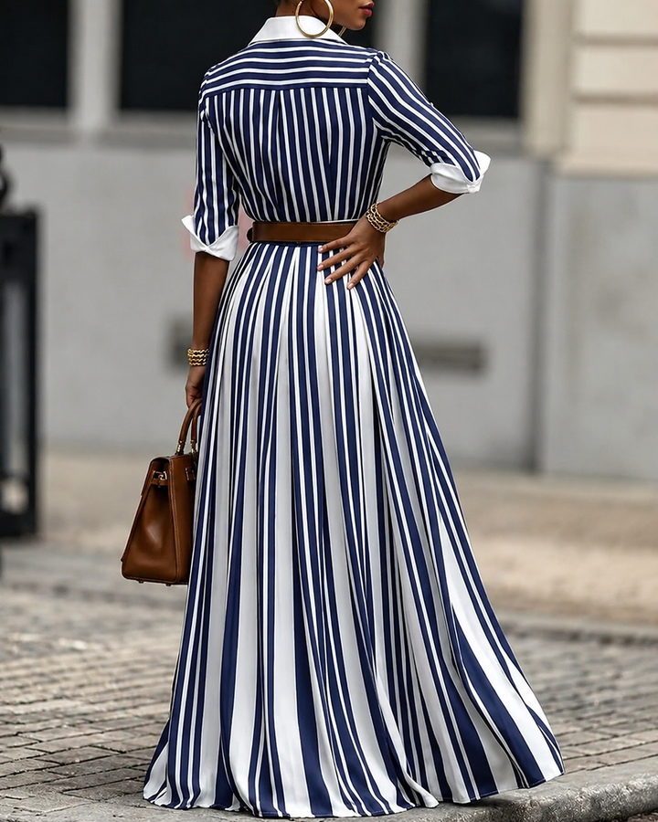A-Line Loose Buttoned Contrast Color No Belt Striped Lapel Maxi Dresses
