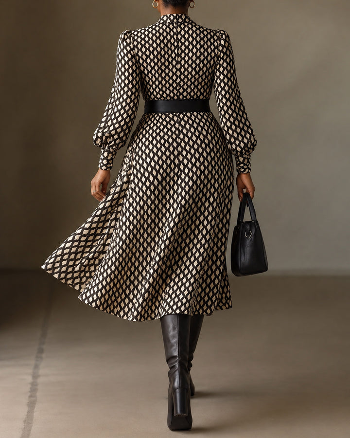 Chic Satin Geometric Diamond Print Wrap Dress