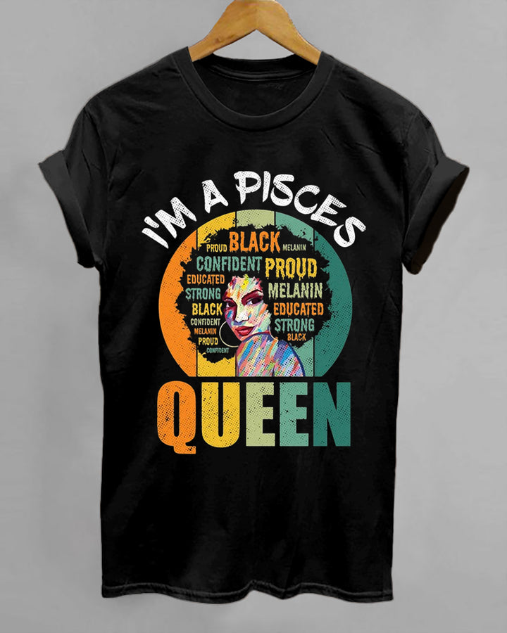 Pisces Afro Girl Queen Traits Astrological Zodiac Sign Print Cotton Short Sleeve T-Shirt