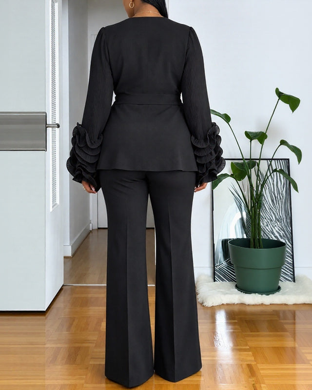 Women's 2 Piece Outfit Set V Neck Ruffle Long Sleeve Blazer and High Waist Wide Leg Pants