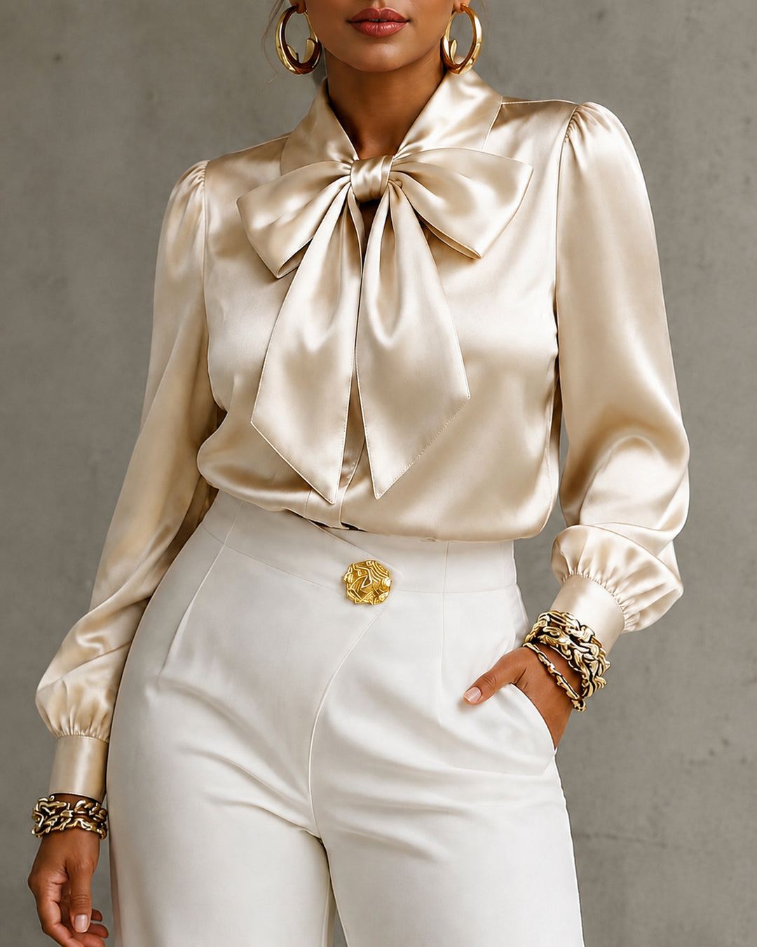 Elegant Satin Bow Collar Puff Sleeve Blouse