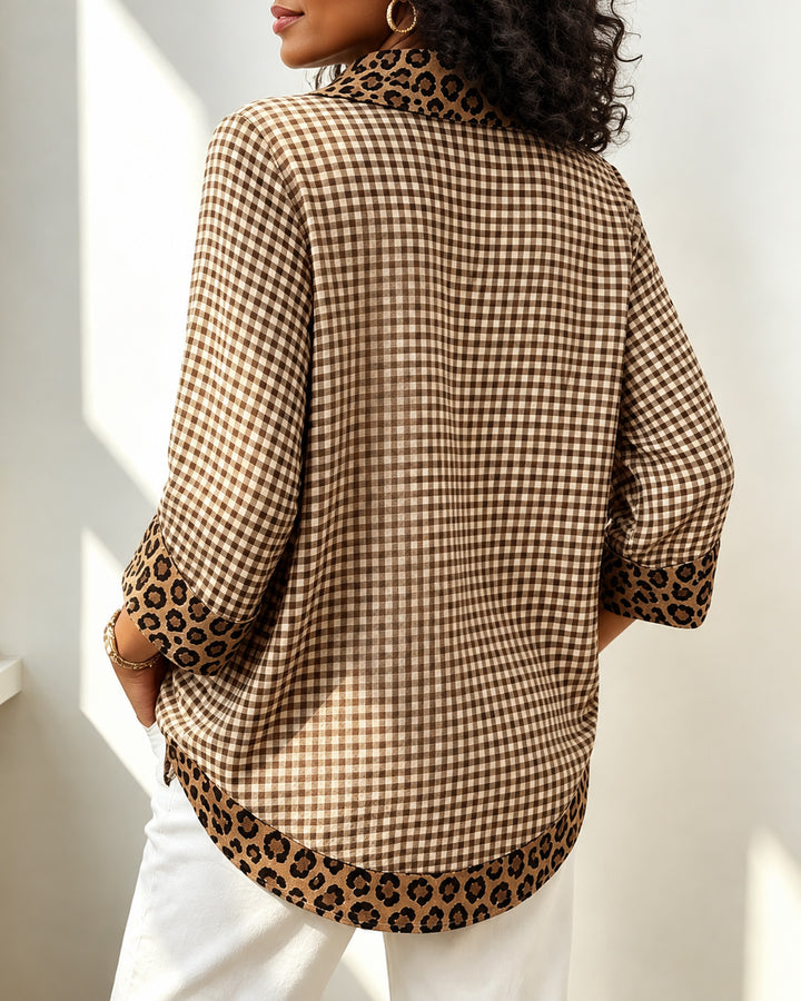 Classic Gingham Pattern Leopard Collar Three Quater Sleeve Blouse