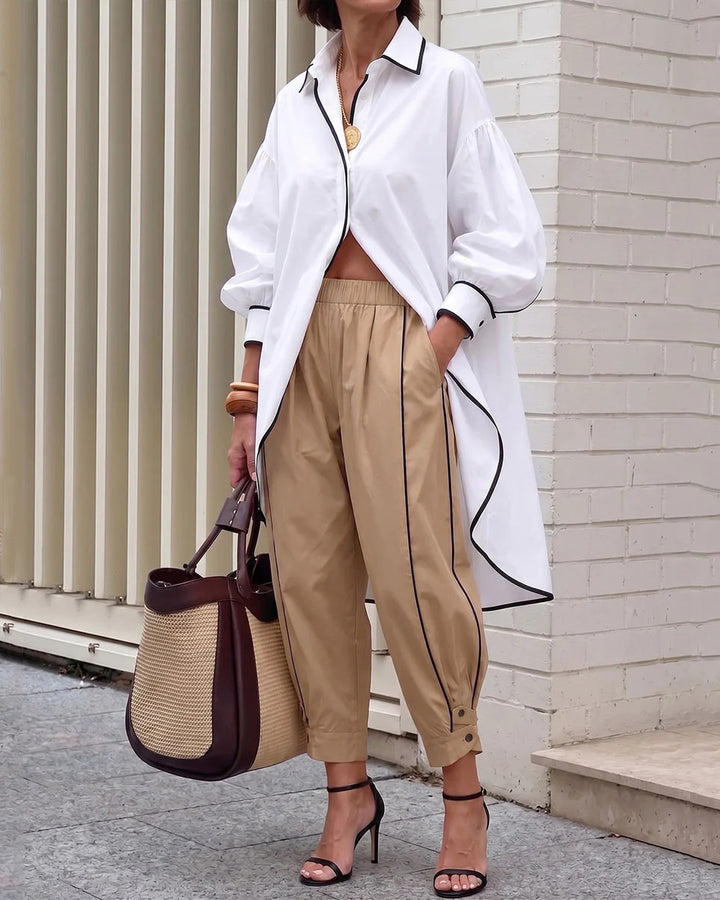 Contrast Color Buttoned Loose Long Sleeves Lapel Blouses&shirts Tops