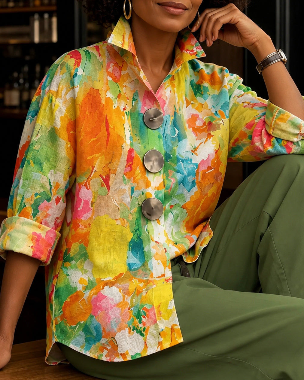 Colorful Random Print Printing Stand Collar Long Sleeve Shirt with Metal Buttons