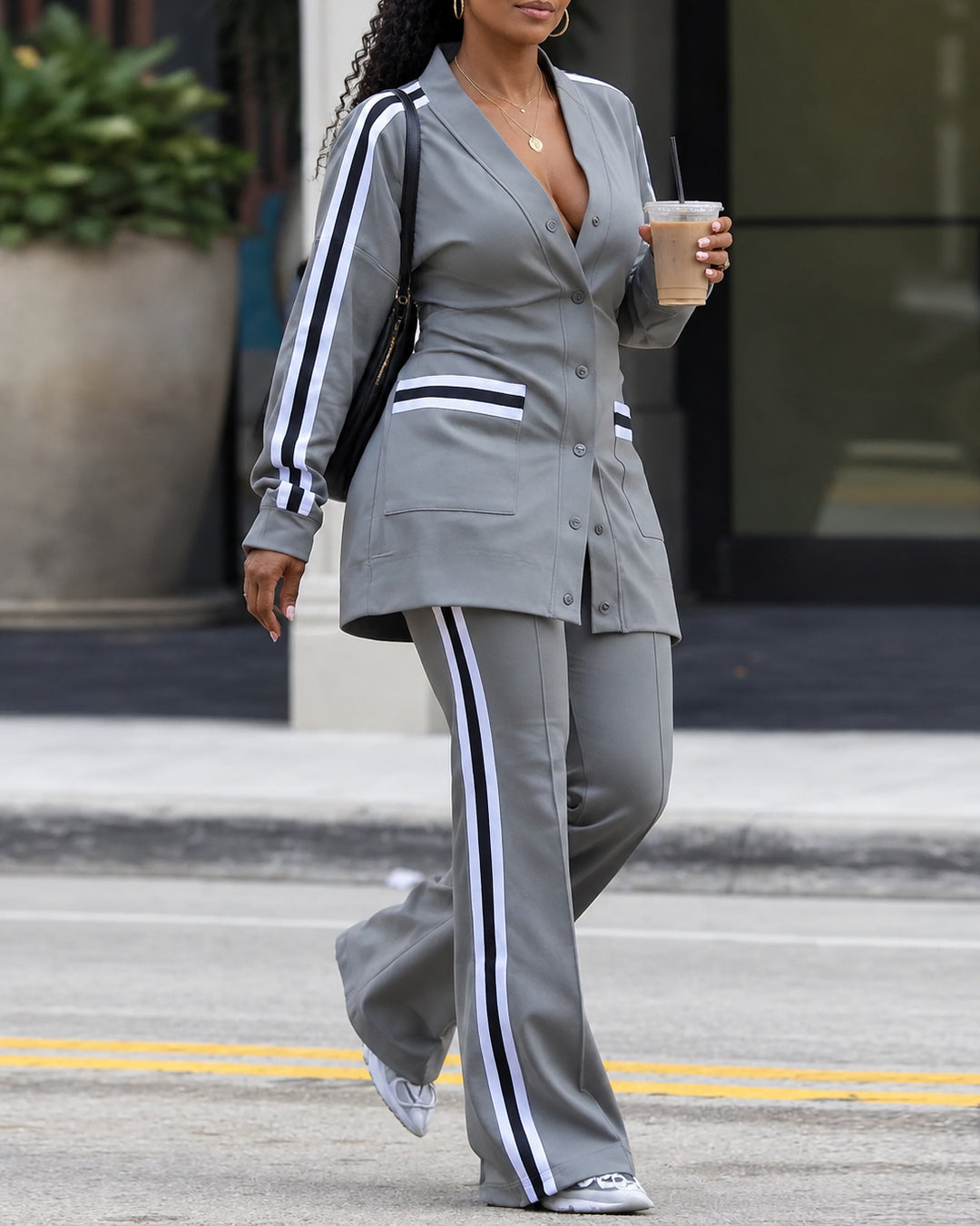 Women's 2 Piece Tracksuit Set V-Neck Button Down Side Stripe Cardigan Top & Wide Leg Pants Casual Loungewear Outfit