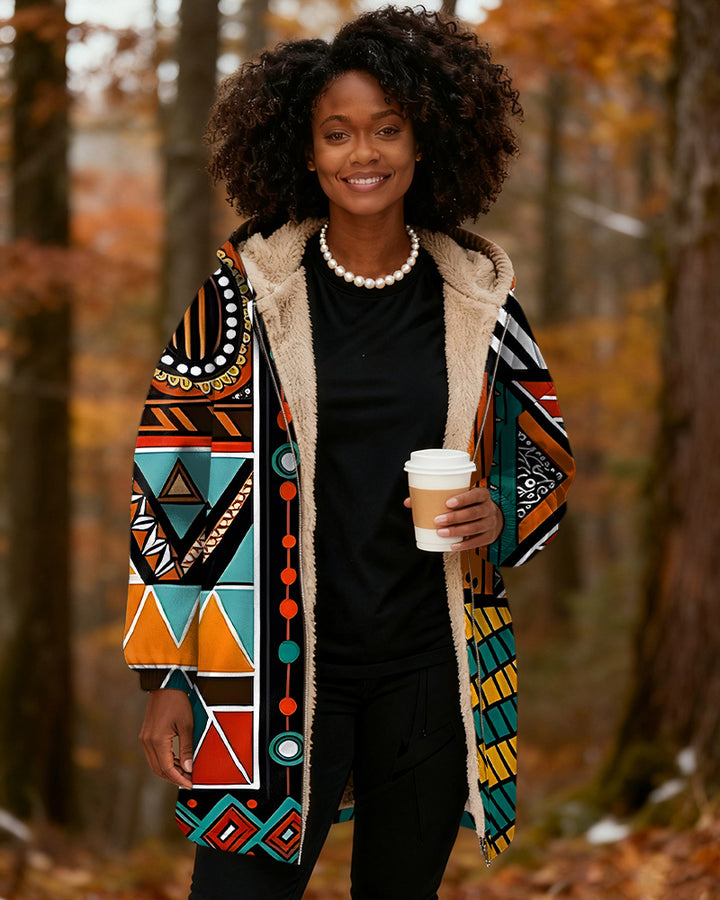Ethnic African Pattern Long Sleeve Zip-Up Fleece Long Coat