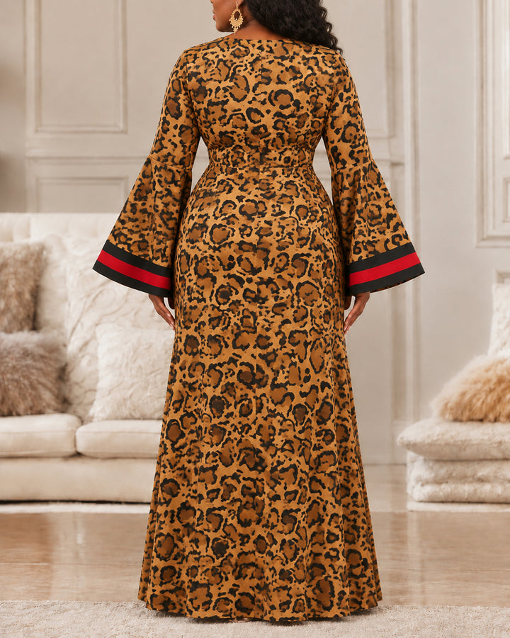 Women'S Leopard Print and Stripe Color-blocking Bell-Sleeve Maxi Dress