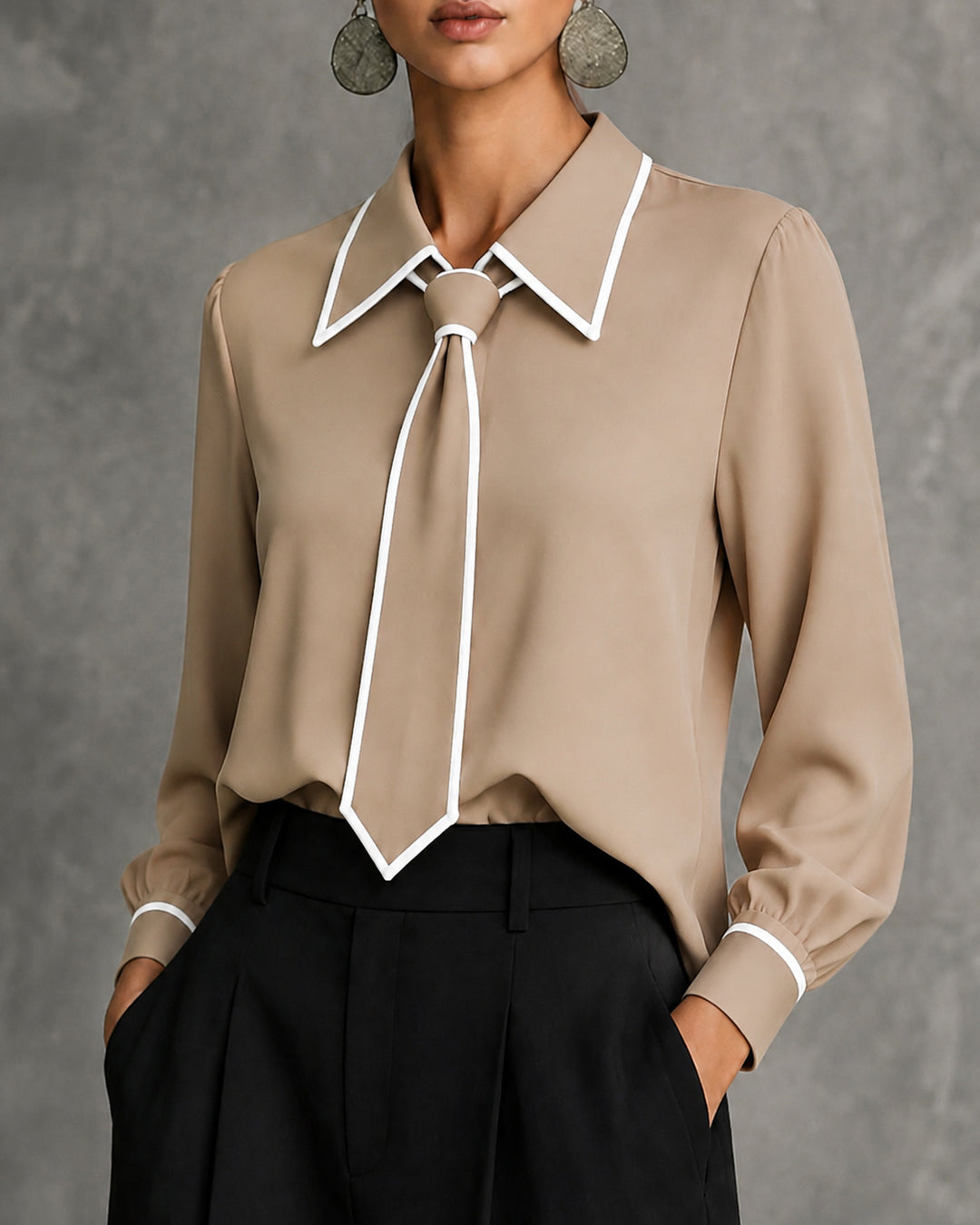 Contrast Piping Tie Neck Point Collar Long Sleeve Blouse