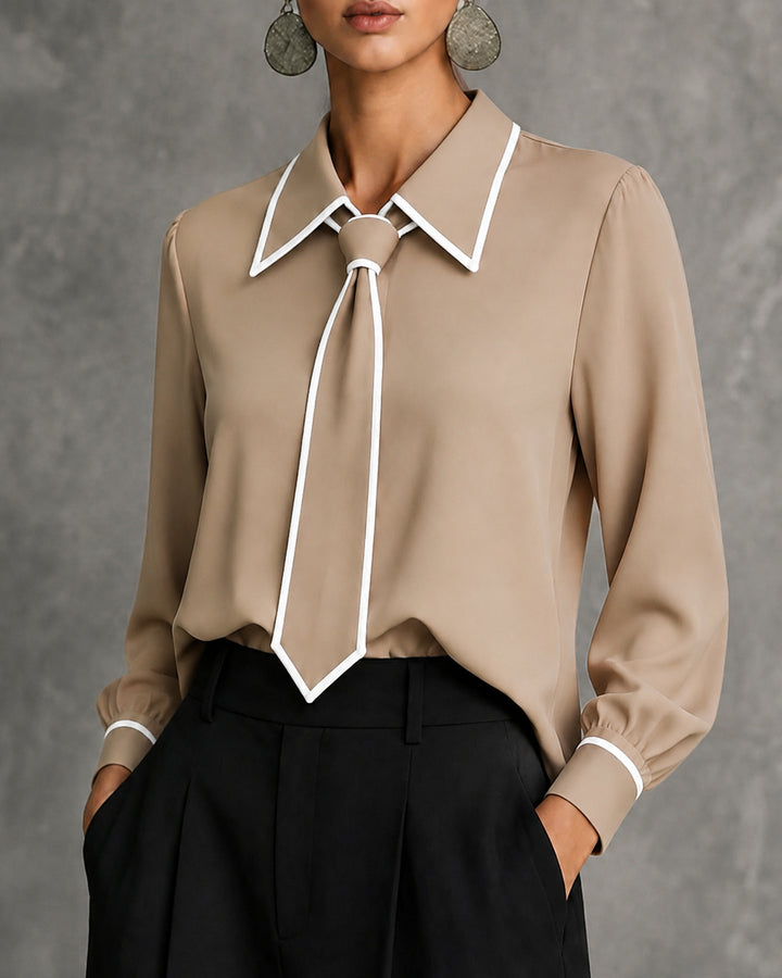Contrast Piping Tie Neck Point Collar Long Sleeve Blouse