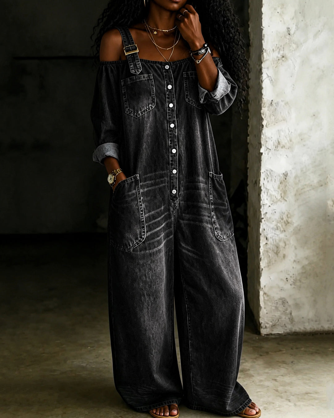 100% Washed Denim Single-breasted Off-shoulder Overall
