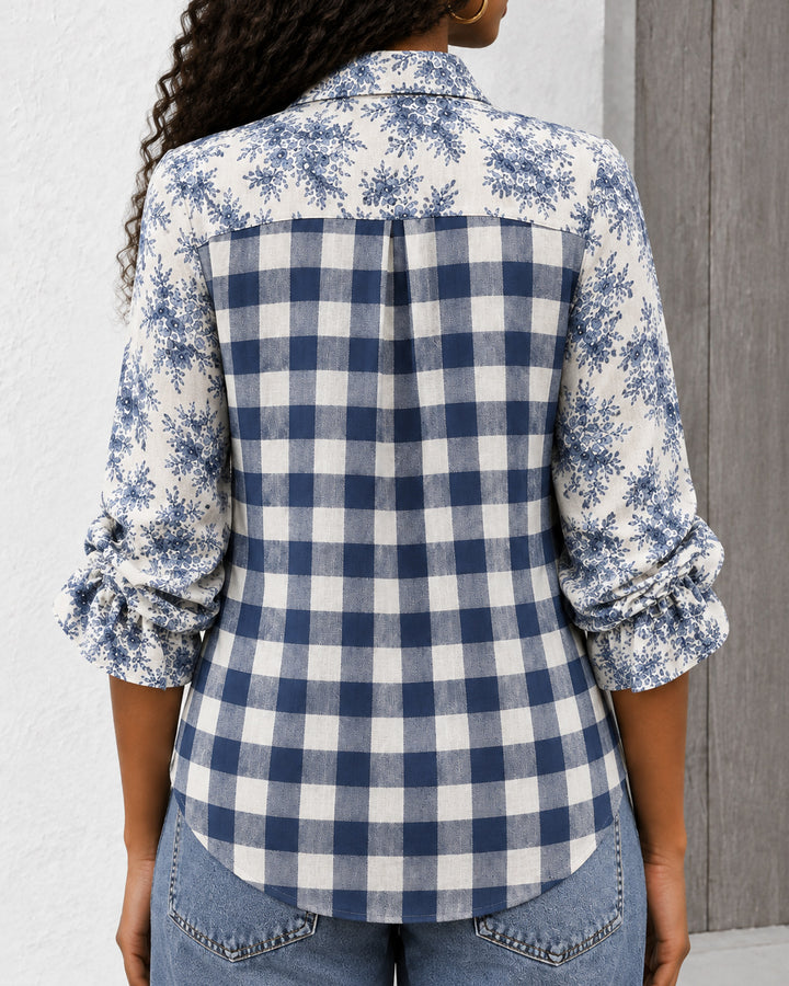 Vintage Plaid Floral Print Three Quater Ruffle Sleeve Blouse