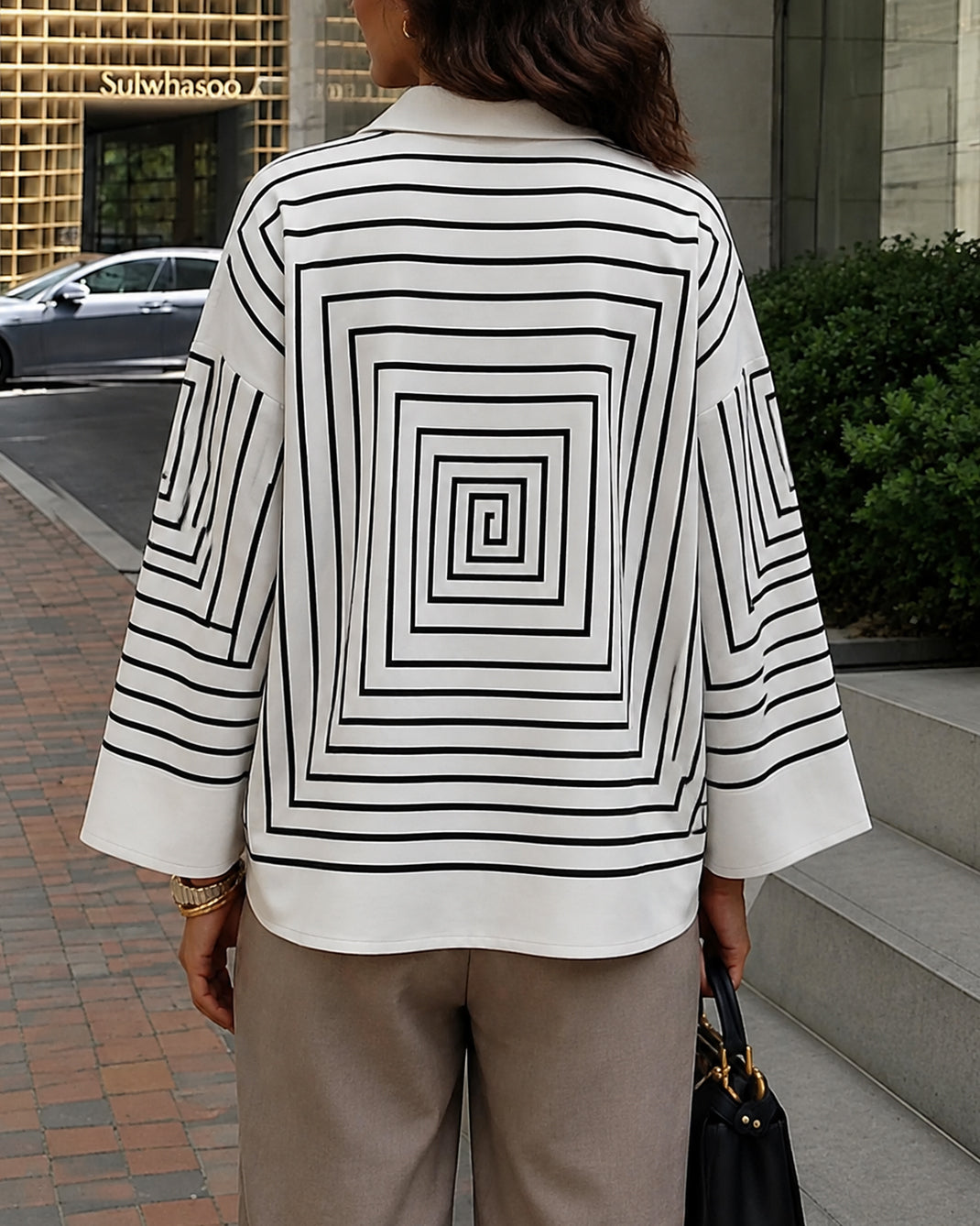 Printed Line Buttoned Loose Long Sleeves Lapel Blouses&Shirts Tops