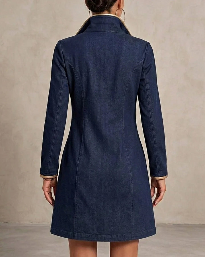 Dark Denim Stand‑Coller Half‑Zip A‑Line Mini Dress