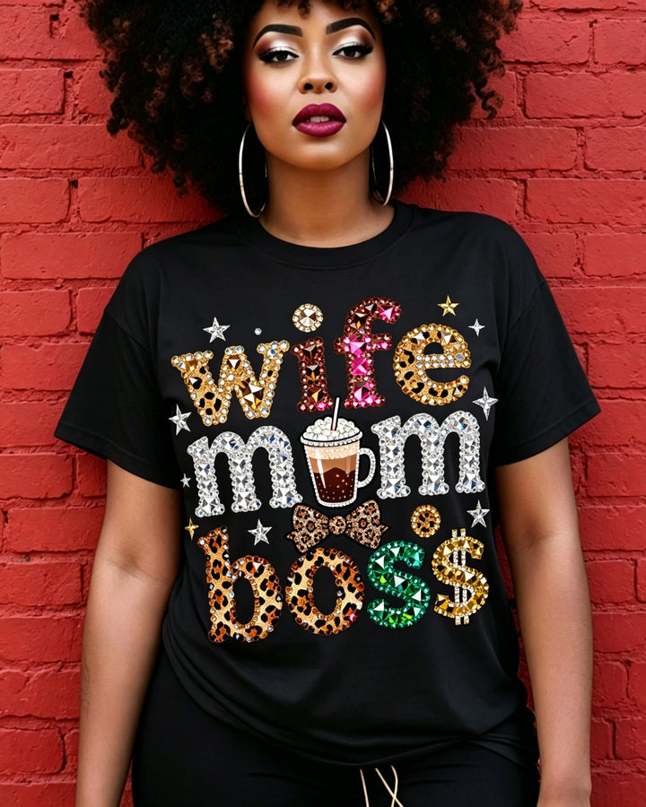 100% Cotton Wife Mom Boss Crew Neck Short Sleeve Tshirt