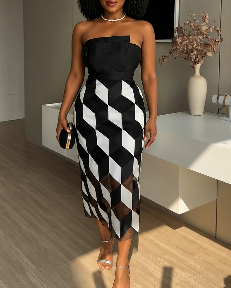 Sexy Tube Top and Backless Rhombus Contrast Midi Dress