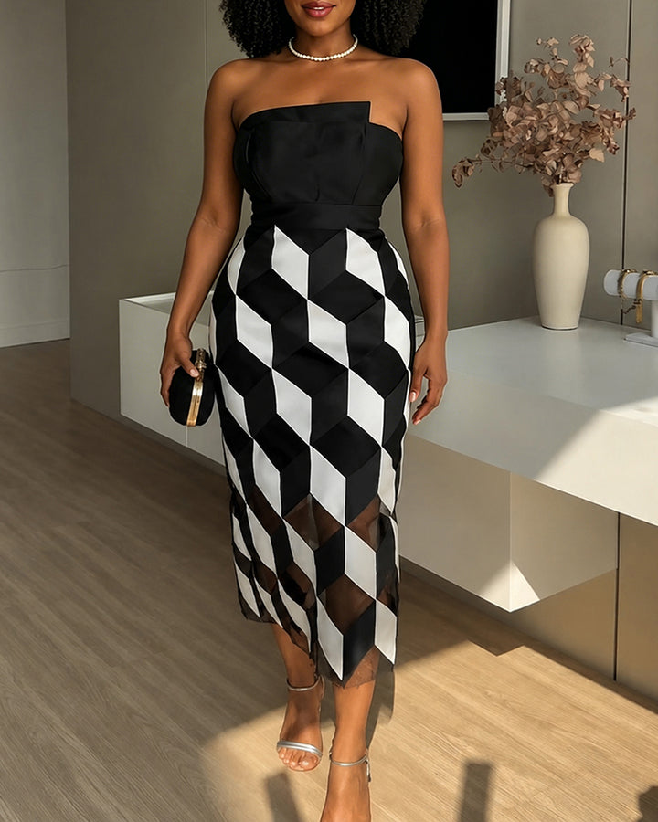 Sexy Tube Top and Backless Rhombus Contrast Midi Dress
