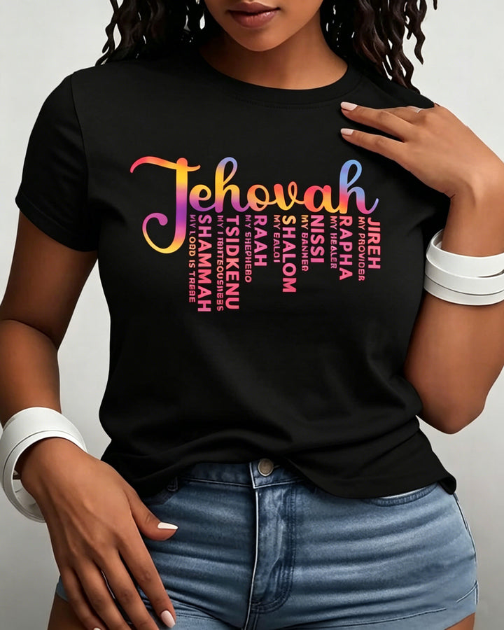 100% Cotton Names of God Letter Crew Neck Short Sleeve Tshirt