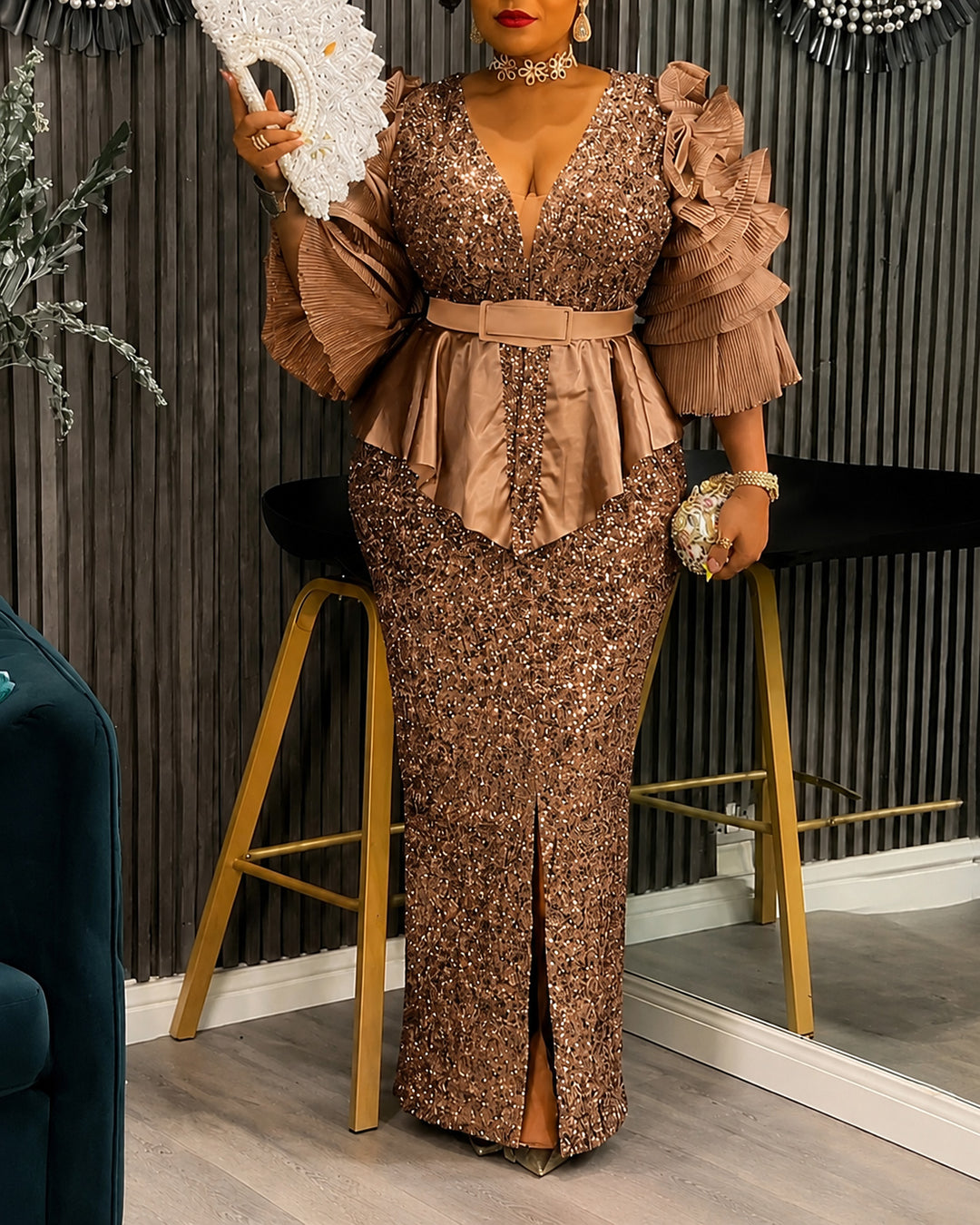 Plus Size Sequin Deep V Multi‑Layer Ruffle Sleeve Peplum Slit Maxi Evening Gown
