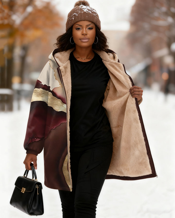 Wave-shaped Color-blocking Texture Long Sleeve Zip-Up Fleece Long Hoodies