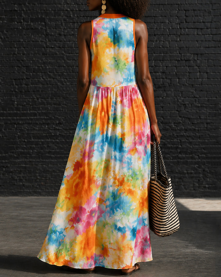 Colorful Random Print Printing V-Neck Bow Tie Strap Flared Maxi Dress