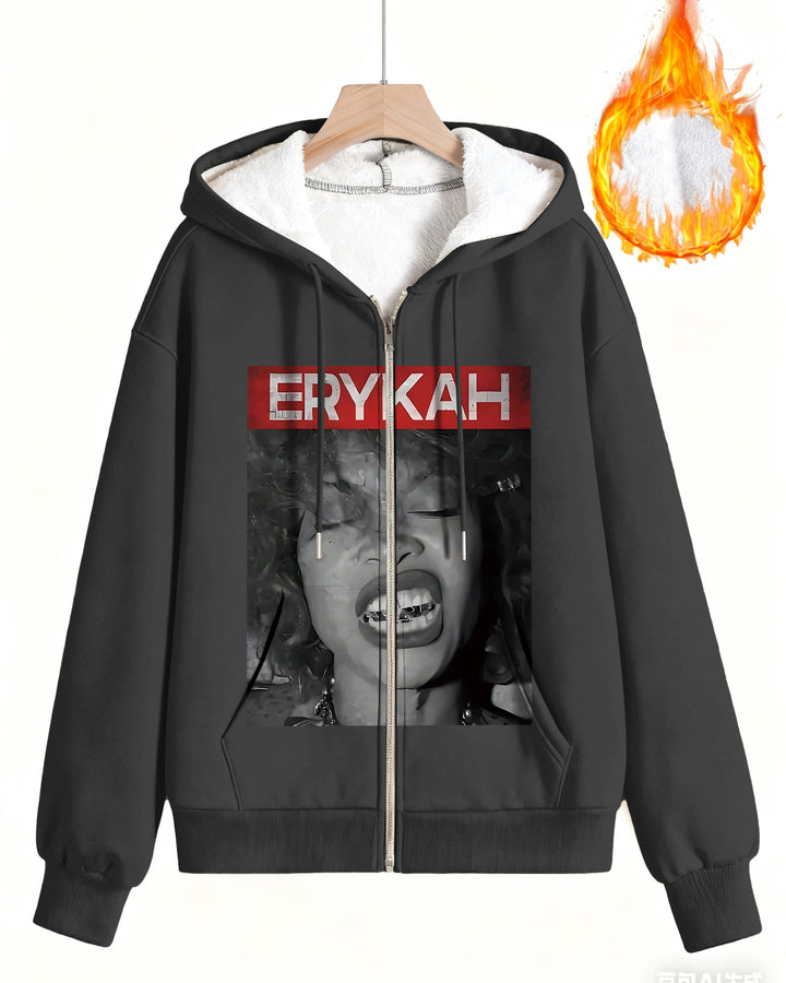 Erykah Badu Portrait Graphic Long Sleeve Zip-Up Fleece Hoodies