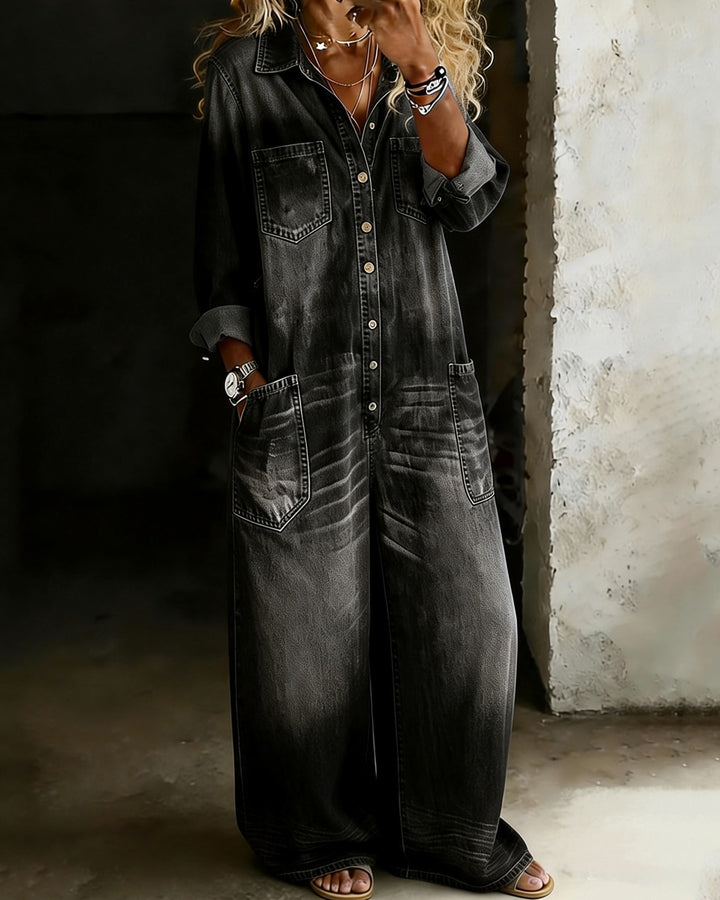 100% Washed Denim Collared Button-down Wide-leg Jumpsuit