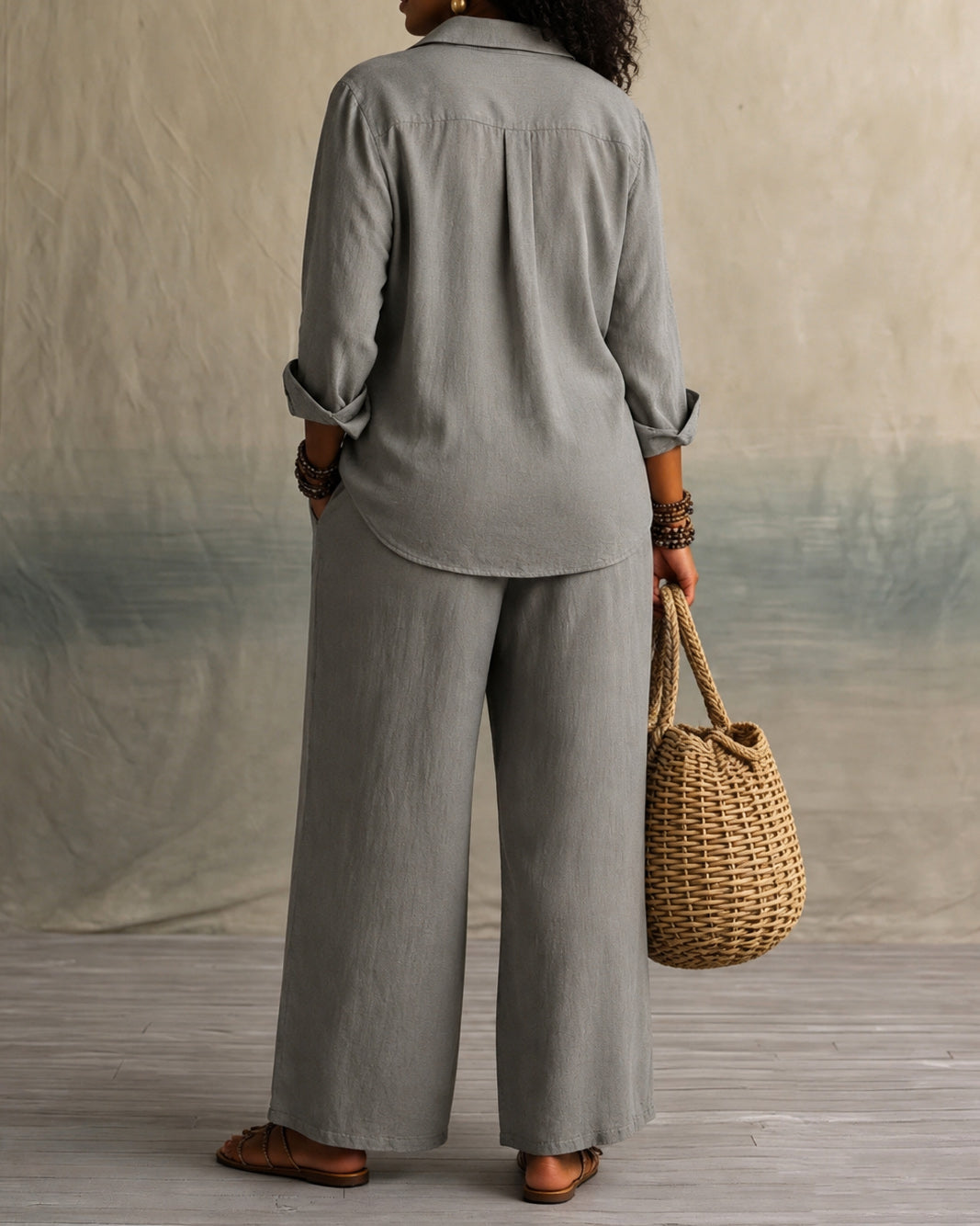 Linen‑Look Shirt & Wide‑Leg Maxi  Pants Two Piece Set