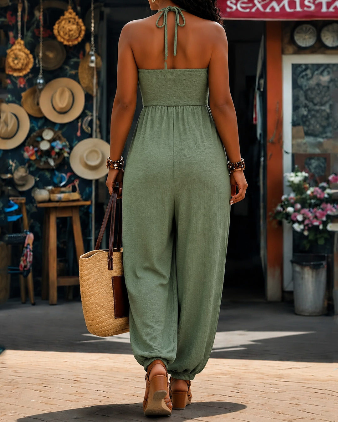 Deep V Halter Neck Sleeveless Pocket Back Tie Wide-leg Jogger Jumpsuit