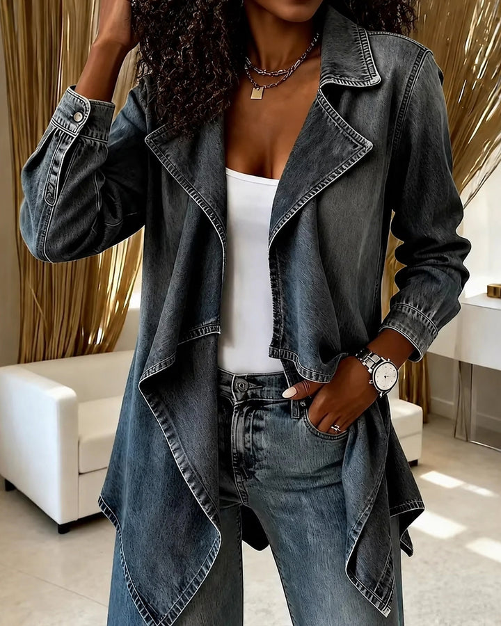 Oversized Lapel Irregular Hem Midi‑Length Denim Jacket