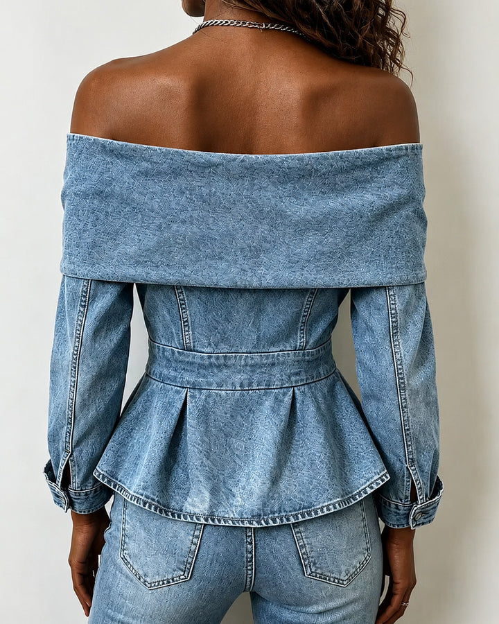 Off-the-shoulder Denim Ruffled Fishtail Floral Denim Top