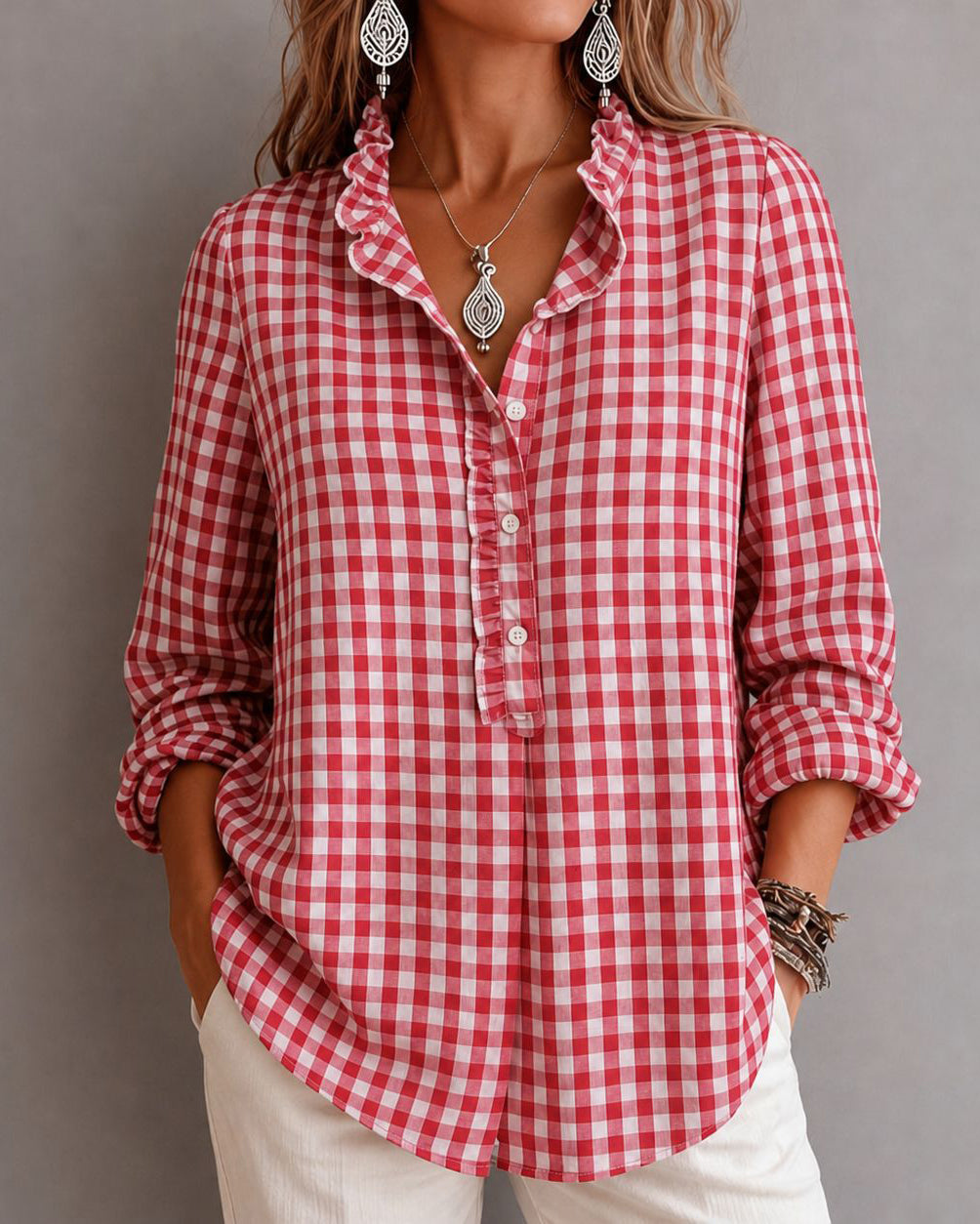 Striped Plaid Ruffle Trim Long Sleeve Casual Blouse