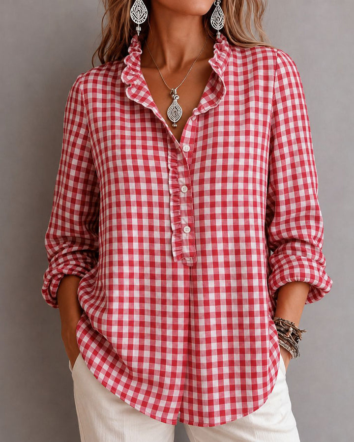 Striped Plaid Ruffle Trim Long Sleeve Casual Blouse