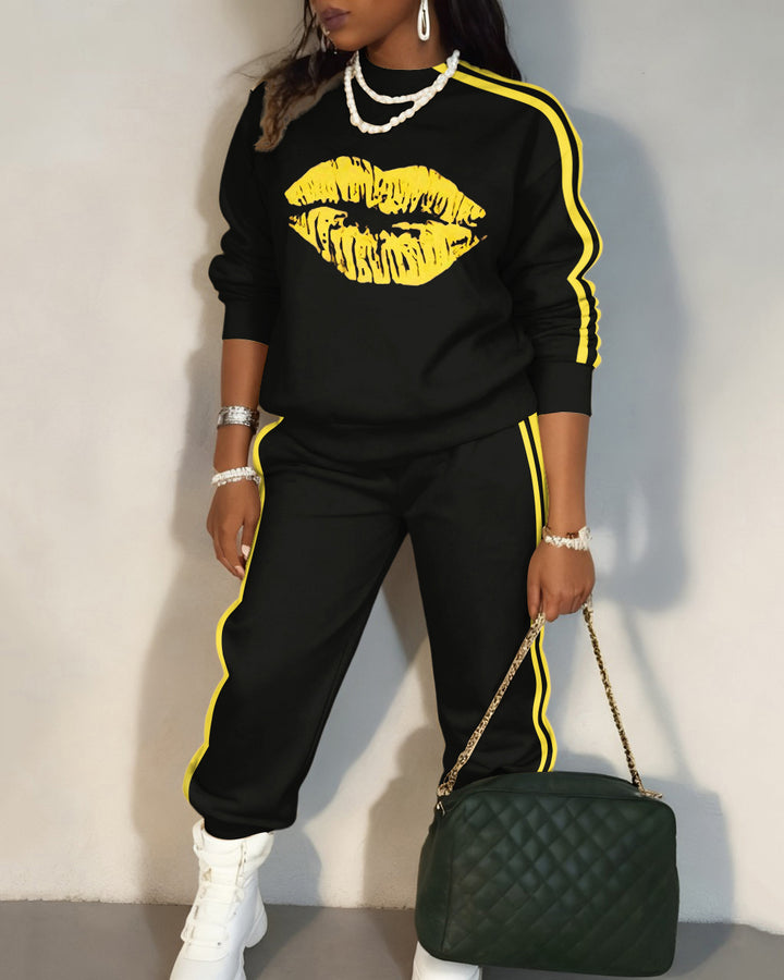 Yellow Lip Stripes Crew Neck Sweatshirt Two Pieces Set
