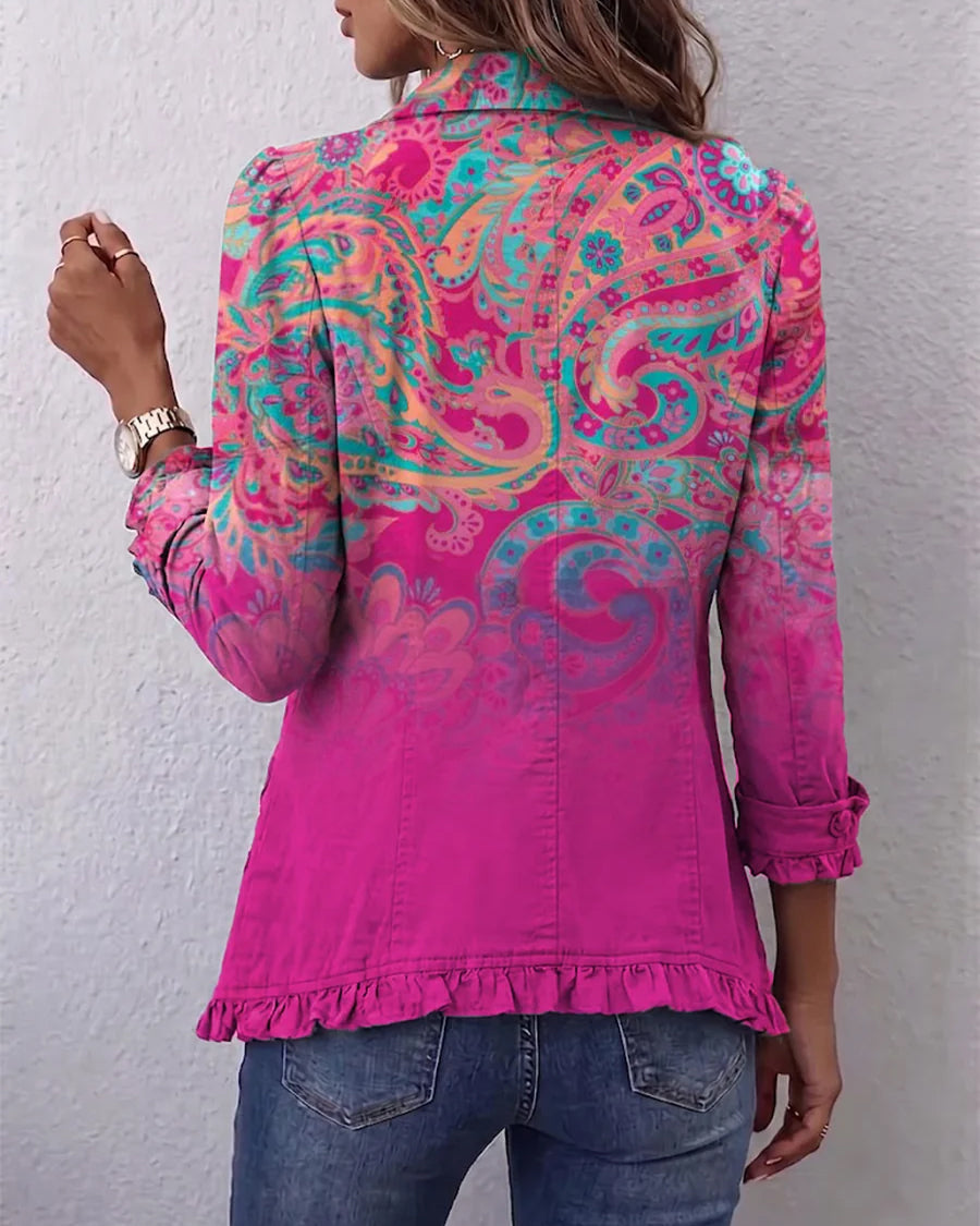 Paisley Gradient Print Linen-cotton Ruffled Jacket