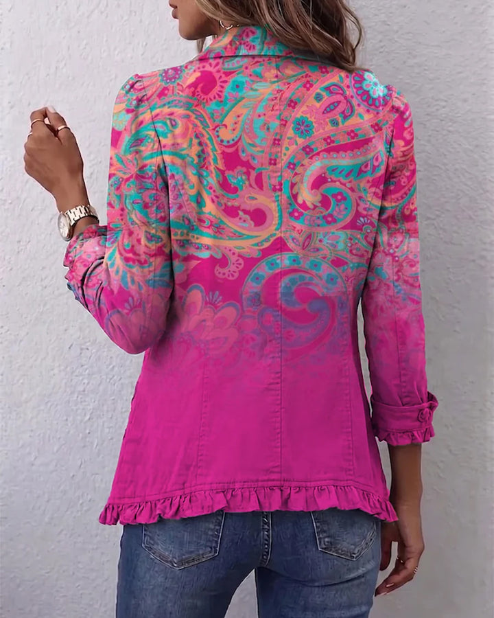Paisley Gradient Print Linen-cotton Ruffled Jacket