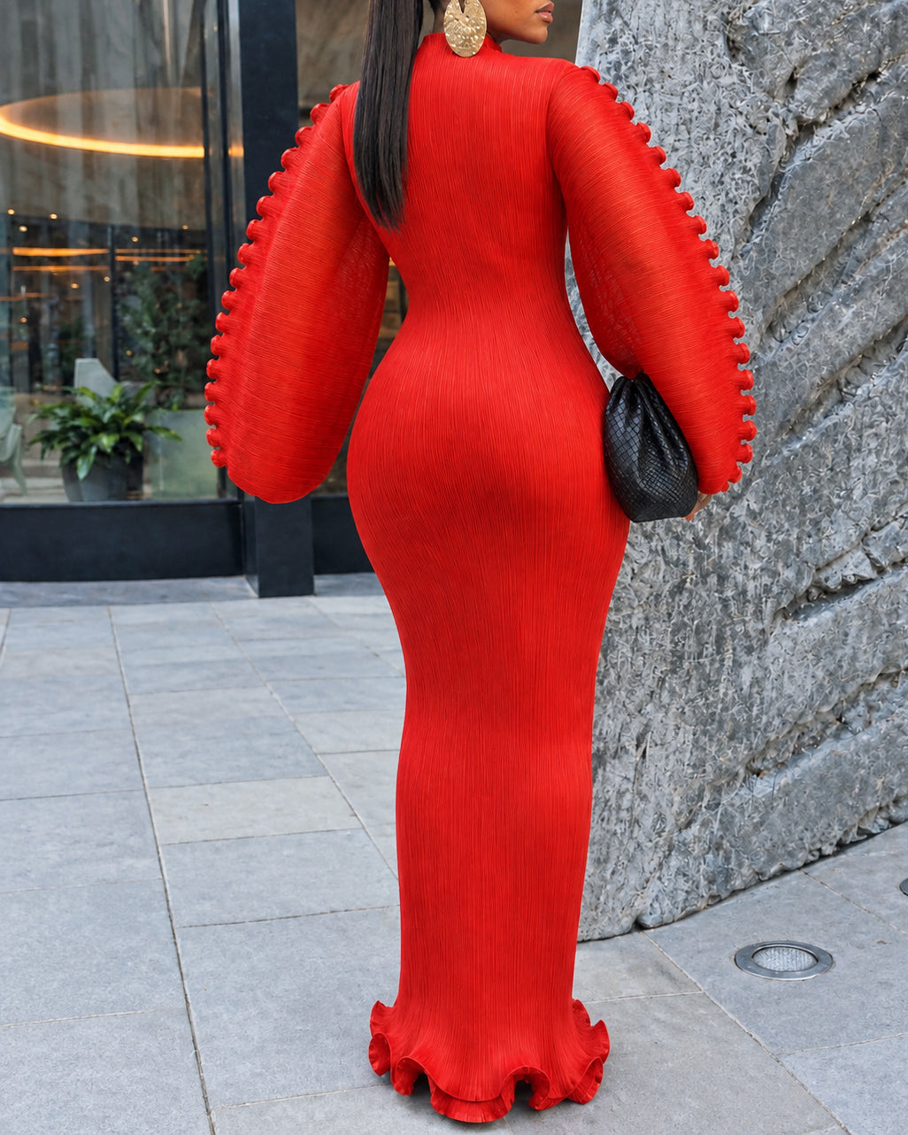 Women's Pleated Mock Neck Ruffled Puff Long Sleeve Mermaid Maxi Dress