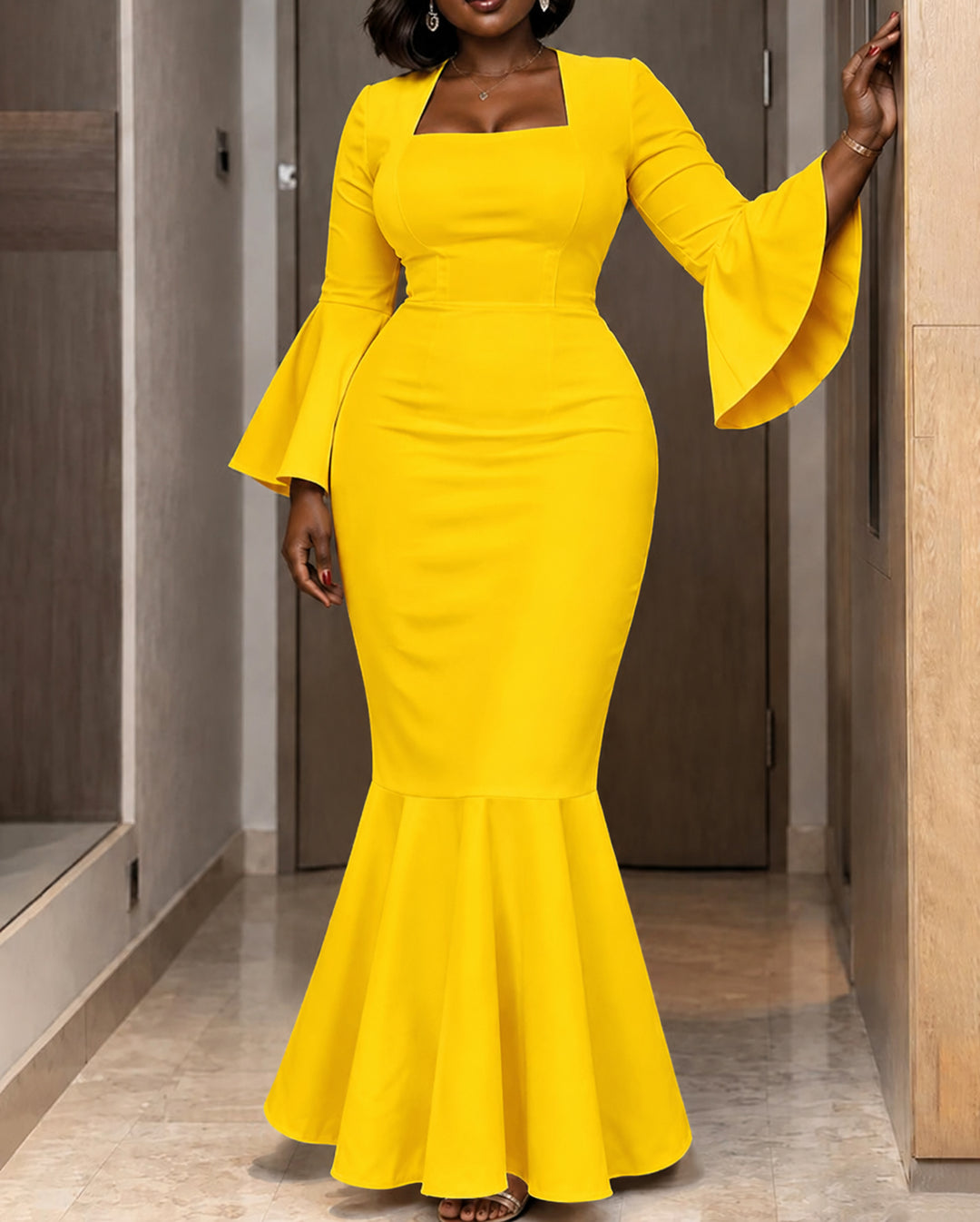 Square Neck Flare Long Sleeve Mermaid Maxi Dress