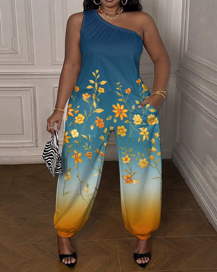 Gradient Flower Printing One-shoulder Jumpsuit