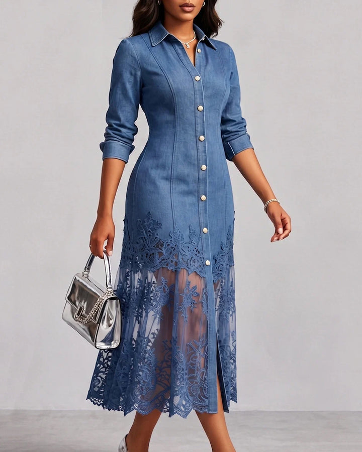 Elegant Sophisticated Denim Dress With A Lace Hem